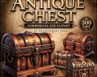 Antique Chest PNG Bundle, Vintage Treasure Chest Clipart, Old Wooden Storage Box Graphics, Fantasy Junk Journal PNG