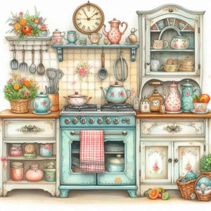 Lot de 10 cliparts cuisine rétro Shabby Chic, aquarelle JPG Junk Journal, papier de scrapbooking, fabrication de cartes, impressions numériques, création d'étiquettes imprimables
