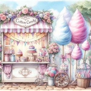 Pacote de ClipArt de Loja de Algodão Doce Shabby Chic/12 Aquarelas JPG de Alta Qualidade Diário de Scrapbooking Criação de Cartões Impressão Digital Imprimíveis