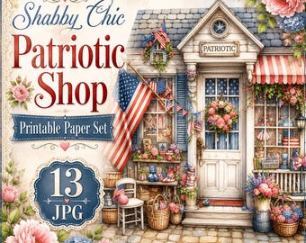 Shabby Chic Patriotic Shop Clipart – 10 JPG Vintage USA Store, Americana Watercolor, Junk Journal, Scrapbooking & Card Making Printables