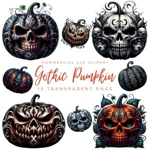 Gothic Pumpkin Clipart Bundle–15 Watercolor PNG Halloween Pumpkins,Spooky Black Gourds, Victorian Goth Fall Decor,Printable Digital Graphics