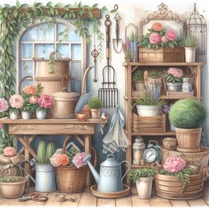Shabby Chic Gardening Corner Clip Art Bundle 10 Acquerelli JPG Junk Journal Scrapbook carta Creazione di biglietti Stampe digitali Creazione di materiali stampabili