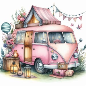 Cozy Whimsical Camper Clipart Bundle, 10 High Res Aquarell JPGs, Junk Journaling, Scrapbooking, Card Making, Digital Download Fantasy Quirky