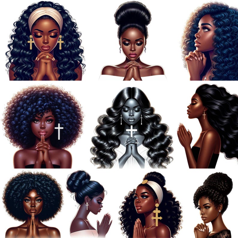 Black girl prayer illustration PNG set for Christian journals and devotional pages