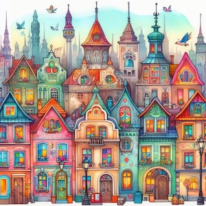 Quirky Colored Town Clipart Bundle/12 wysokiej rozdzielczości akwarelowych JPGs Domy szeregowe/Dziennik śmieci Scrapbooking Tworzenie kart Cyfrowe pobieranie materiałów do druku