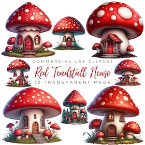 Ensemble de clip art champignon rouge maison/12 PNG transparents de haute qualité/champignon fantastique forêt automne automne art mural/téléchargement numérique