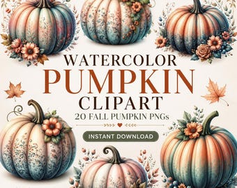 Watercolor Pumpkin Clipart, Fall Pumpkin PNG Bundle, Shabby Chic Autumn Pumpkins