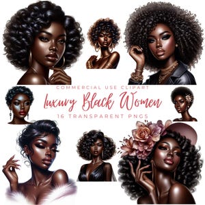 Pacchetto di clipart di donne nere di lusso/16 PNG con sfondo trasparente/Grafica per piccole imprese e POD/Download digitale di elegante ragazza nera