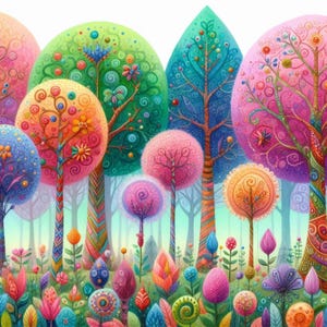 Paquete de imágenes prediseñadas coloridas de árboles en flor de bosque caprichosos/10 archivos JPG de acuarela de alta resolución para diario basura, scrapbooking, creación de tarjetas, descarga digital