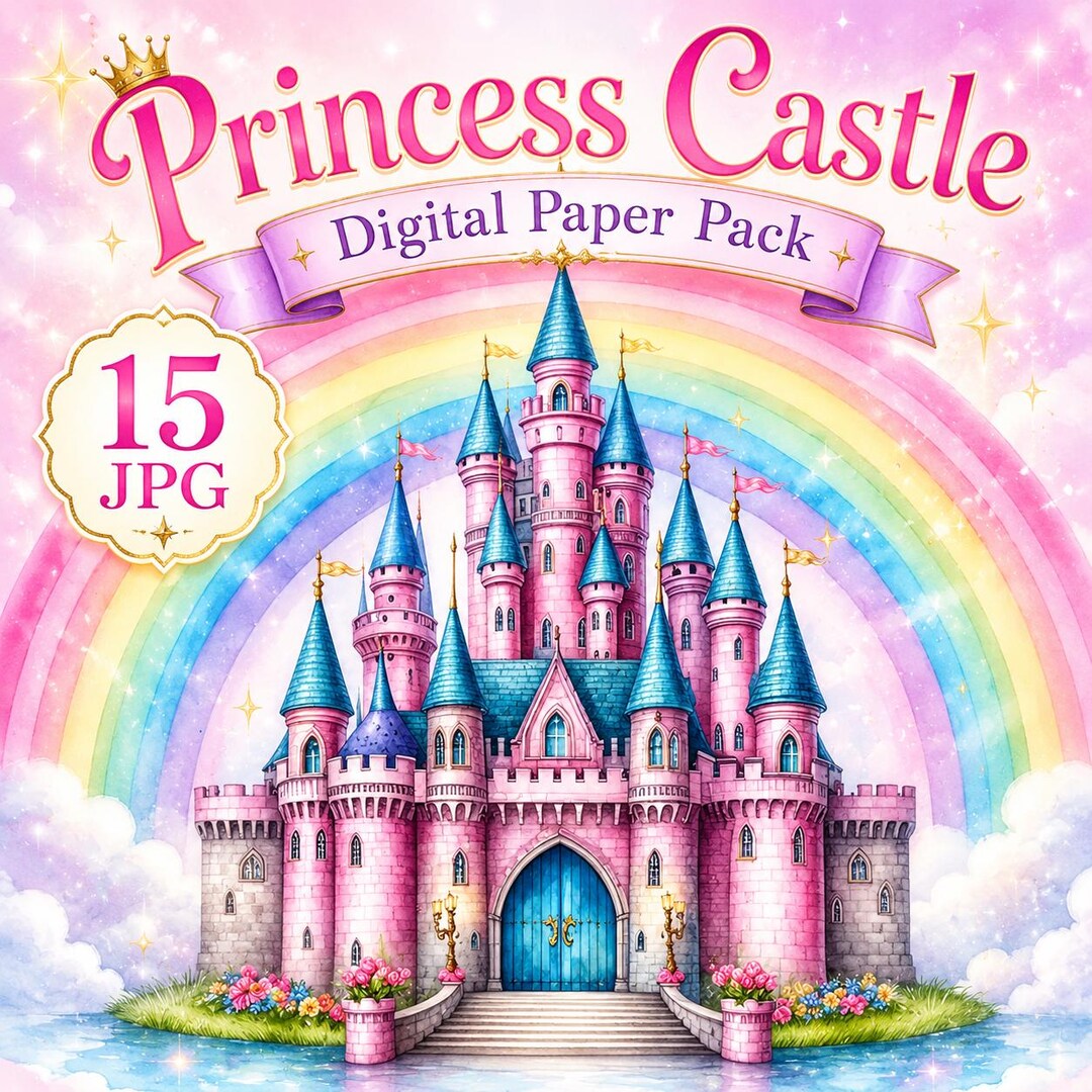 Princess Castle Digital Paper Pack, Fairytale Castle Watercolor Jpgs ...