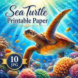 Papeles para álbumes de recortes con tortugas marinas, papel digital de acuarela costera, fondos para álbumes de recortes oceánicos, conjunto de láminas JPG para collage de tortugas.