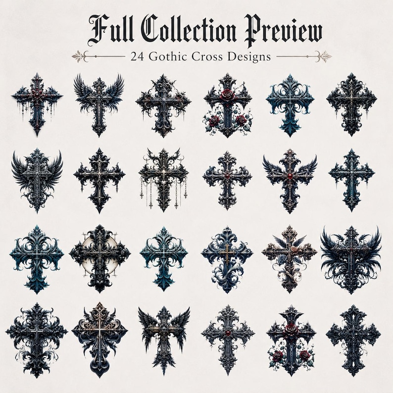 May include: A collection of 24 gothic cross designs arranged in a grid. The image features the text Full Collection Preview and 24 Gothic Cross Designs at the top. Each cross is rendered in dark, intricate, and ornate styles with various details.