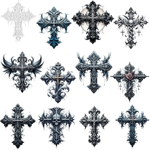 Gothic Cross BUNDLE clipart, watercolor goth clip art PNG, halloween and horror, black cross, spooky, scary, victorian, printable graphics