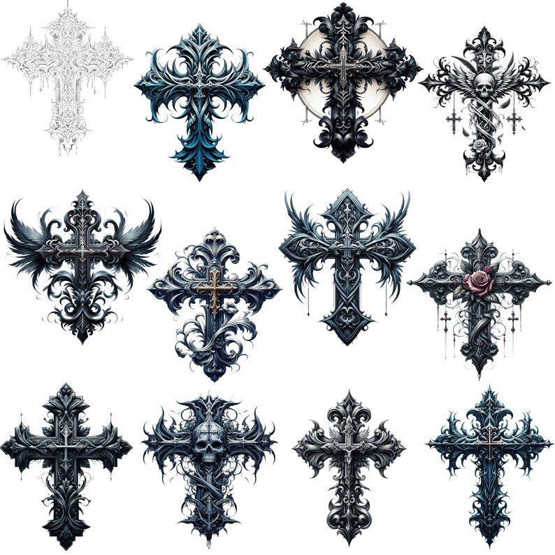 Gothic Cross BUNDLE clipart, watercolor goth clip art PNG, halloween and horror, black cross, spooky, scary, victorian, printable graphics
