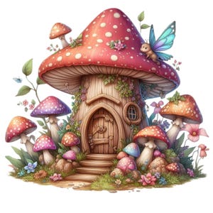 12 clipart maison de fée, maison de fée champignon vénéneux, clipart aquarelle imprimable, créations en papier, journaux indésirables, fichiers JPG de haute qualité, téléchargement numérique