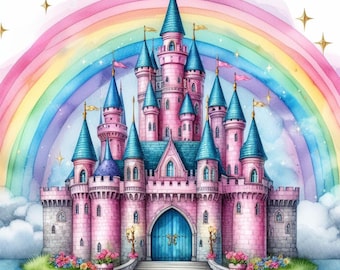 Princess Castle Clipart, Fairytale Castle Watercolor, Pink Magical Palace, Pastel Enchanted Castle, Printable Wall Art 15 JPGs, Craft Print