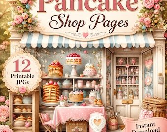 Pancake Shop Junk Journal Pages, Cozy Breakfast Bakery Printable Paper JPG Set, Vintage Brunch Scrapbook Backgrounds