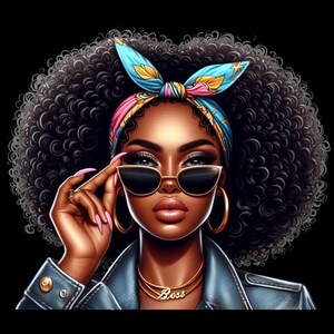 Afrocentric woman wearing stylish fashion, melanin queen digital art PNG for planner stickers and printable crafts.