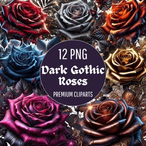 Dark Gothic Roses Clipart Bundle – Black Romantic Floral PNG Illustrations, Gothic Aesthetic Rose Bouquets, Dark Scrapbook & Sublimation Art