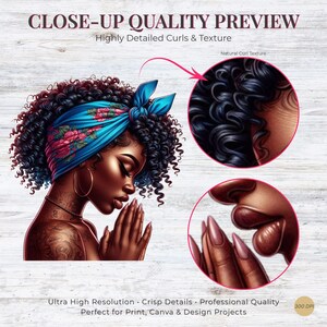 May include: Digital art of a woman with dark skin, wearing a blue headscarf with a floral pattern and gold hoop earrings. The image includes close-up details of her hair and lips. Text reads "CLOSE-UP QUALITY PREVIEW".