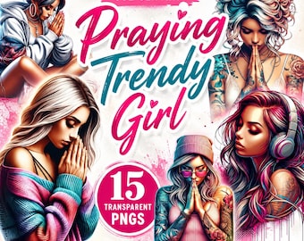 Praying Woman Clipart PNG Set, Christian Girl Prayer Bundle, Faith Woman Illustration, Transparent Sublimation Design