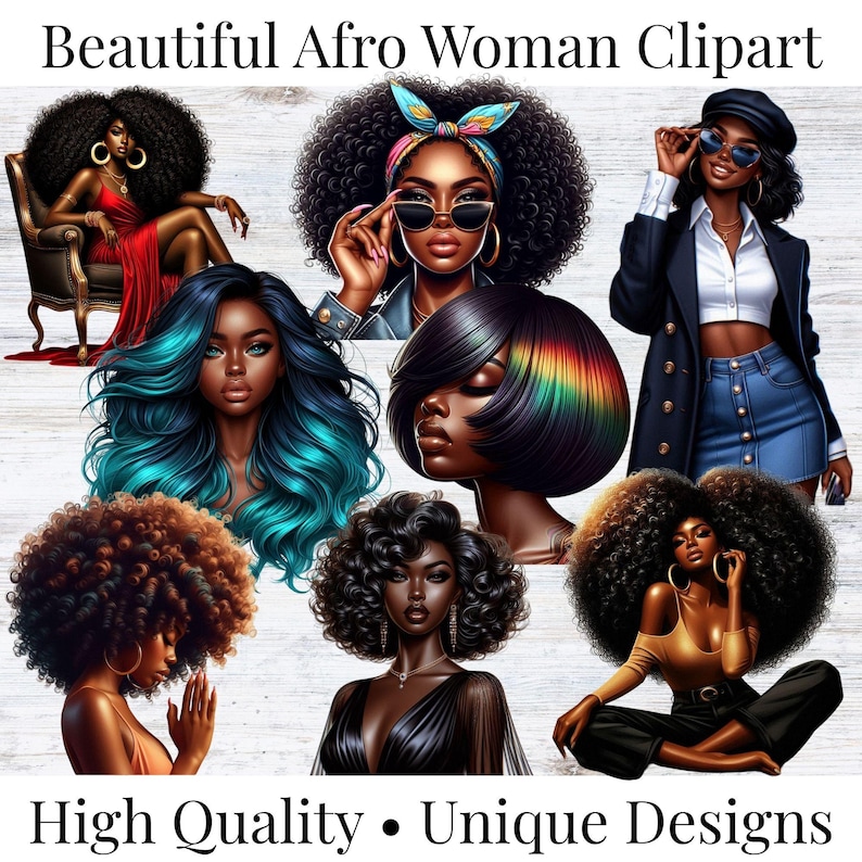 May include: A collection of digital illustrations featuring Black women with various hairstyles and outfits. The image includes text that reads "Beautiful Afro Woman Clipart" and "High Quality &bull; Unique Designs."