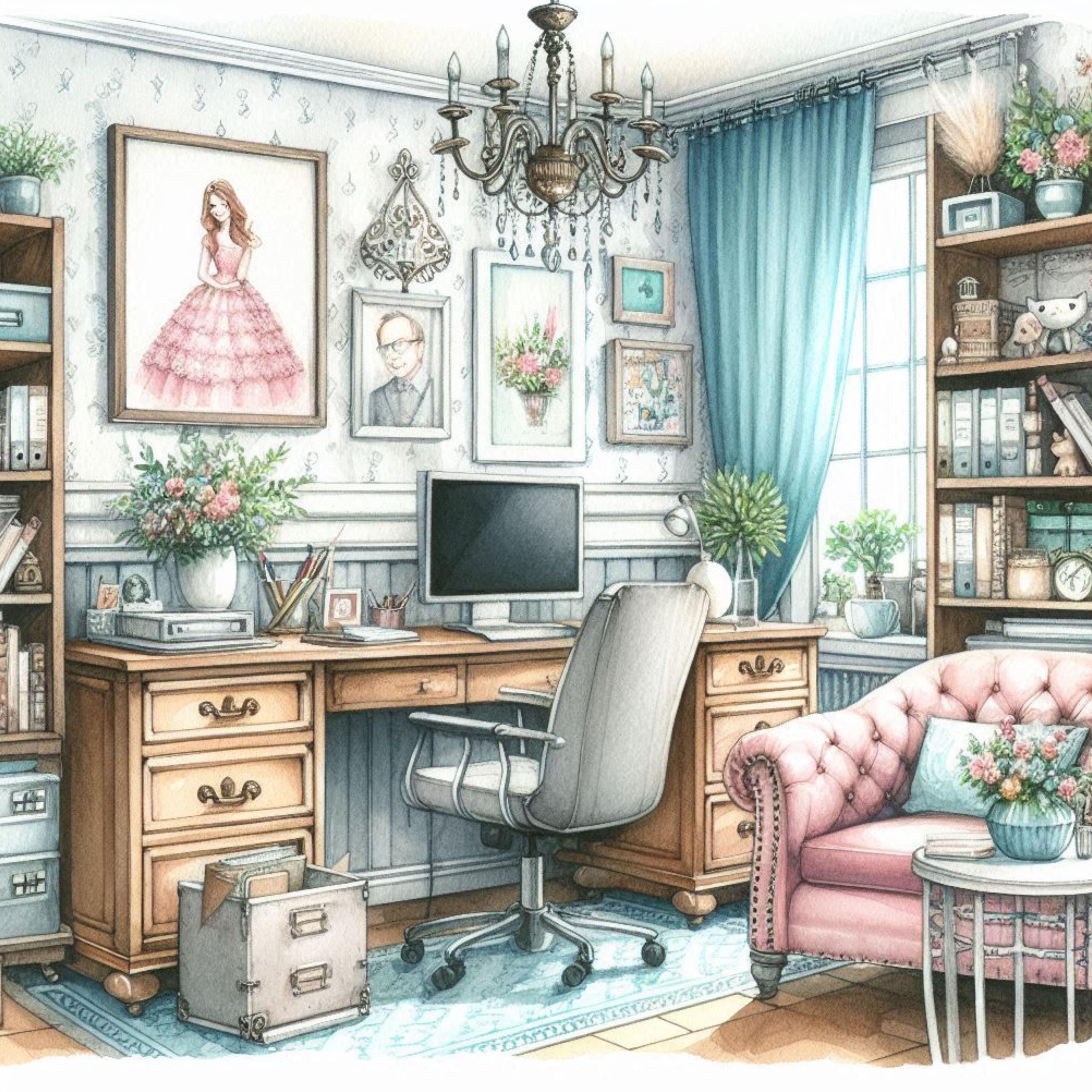 Cozy Home Office Printable, Shabby Chic Desk Decor, Feminine Workspace ...