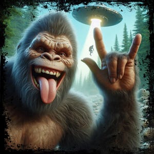 Bigfoot and UFO PNG-Funny Alien Encounter Digital Design-Rock On Sasquatch Sublimation, Graphic, Bigfoot and UFO Clipart, Bigfoot Wall Art 2