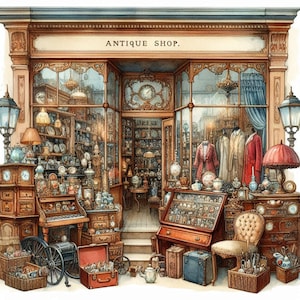 Vintage Antique Shop Clipart Bundle/10 Watercolour JPG/Junk Journal/Scrapbooking/Card Making/Digital paper/Printables/Digital art/Download