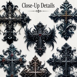 May include: A collection of six ornate cross designs featuring intricate filigree, dark metallic tones, and embedded red gemstones. One cross includes a skull detail, while another features wing-like elements. The text Close-Up Details is centered.