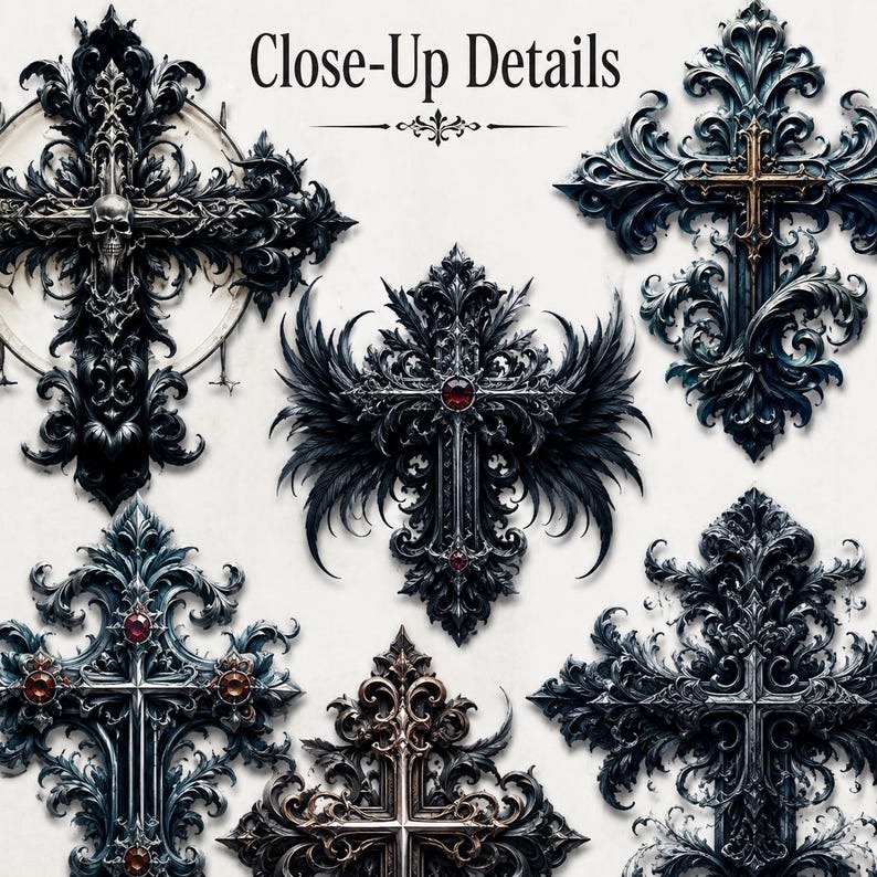 May include: A collection of six ornate cross designs featuring intricate filigree, dark metallic tones, and embedded red gemstones. One cross includes a skull detail, while another features wing-like elements. The text Close-Up Details is centered.