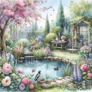 Paquete de imágenes prediseñadas de estanque de jardín en primavera de estilo shabby chic/10 archivos JPG de acuarela de alta resolución para diario basura/álbumes de recortes/fabricación de tarjetas/archivo digital/impresión