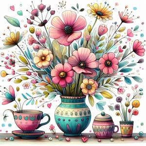Flowers in a vase Clipart Bundle 10 High Res Watercolour JPGs for Junk Journaling Scrapbooking Crafting Digital Download Whimsical Quirky 02