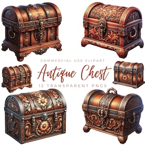Antique wooden keepsake chest/Trunk Clipart/12 High Quality PNG/Treasure Chest/Gemstone Chest/Jewelry Chest/Scrapbooking/Digital Download