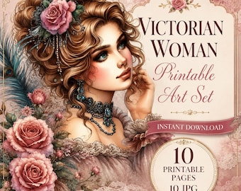 Victorian Woman Printable Art Set, Vintage Lady Portrait JPG Bundle, Junk Journal Scrapbook Paper Pack