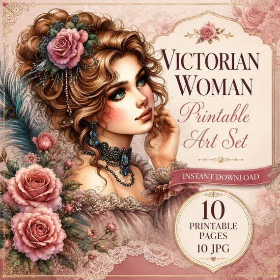 Victorian Woman Printable Art Set, Vintage Lady Portrait JPG