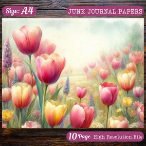 A4 Shabby Chic Spring Tulips Meadow Clip Art Bundle 10 Watercolour JPG Junk Journal Scrapbooking Digital Paper Prints Crafts Printables