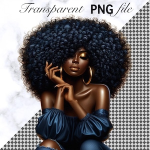 Bella ragazza nera PNG Ragazza nera con afro Clipart Capelli grandi Afro Melanina Regina Blackgirl Denim Clipart Blu Sublimazione Download digitale