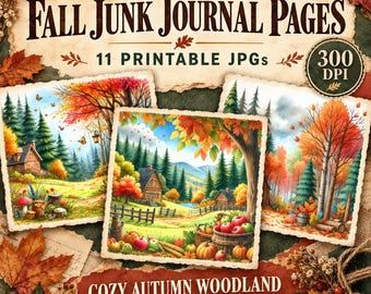 May include: A collection of 11 printable JPG fall junk journal pages titled Fall Junk Journal Pages and Cozy Autumn Woodland. The images feature colourful autumn landscapes with cabins, pine trees, pumpkins, apples, and vibrant fall foliage.