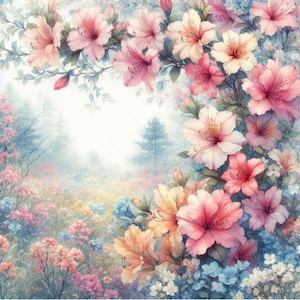Pacote de Clip Art Shabby Chic Azalea Meadow 13 Aquarela JPG Junk Journal Papel para Scrapbook Criação de Cartões Impressões Digitais Criação de Etiquetas Imprimíveis