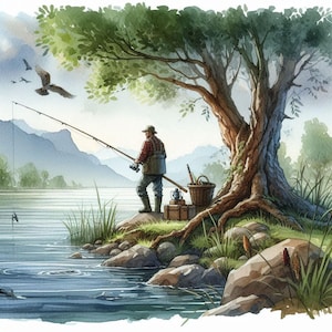 Paquete de imágenes prediseñadas de hombre pescando/12 imágenes de pescador en acuarela de alta resolución en formato JPG/Diario basura/Álbum de recortes/Creación de tarjetas/Papel de impresión digital/Imprimibles