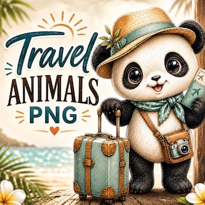 May include: An illustration of a panda bear ready for travel, holding a suitcase and a ticket. The panda wears a hat and scarf, with a camera bag. Text reads "Travel ANIMALS PNG". The background is a beach.