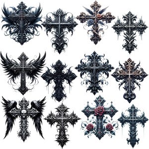 Gothic Cross BUNDLE clipart, watercolor goth clip art PNG, halloween and horror, black cross, spooky, scary, victorian, printable graphics