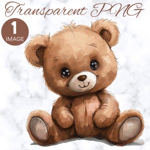 Teddy Bear Watercolor Clipart, SINGLE IMAGE, For Commercial Use, Transparent PNGs, Baby Shower, Digital Download, Nursery Wall Art