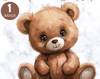 Teddy Bear Watercolor Clipart, SINGLE IMAGE, For Commercial Use, Transparent PNGs, Baby Shower, Digital Download, Nursery Wall Art