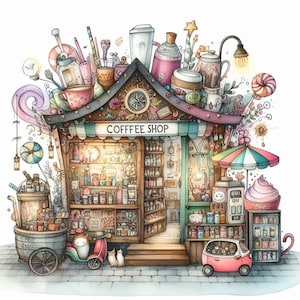 Cafetería Clip Art 10 JPG de acuarela de alta resolución Diario basura Scrapbooking Fabricación de tarjetas Camper digital Descarga Fantasía Caprichoso Peculiar