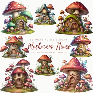 12 Clipart PNG de maison de fée, maison de fée champignon vénéneux, maison champignon aquarelle, sublimation de maison de faire, téléchargement numérique, graphiques imprimables