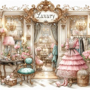 Lot de 10 cliparts de la boutique de luxe shabby chic, aquarelle JPG Junk Journal, papier de scrapbooking, fabrication de cartes, impression numérique, page de création, imprimables