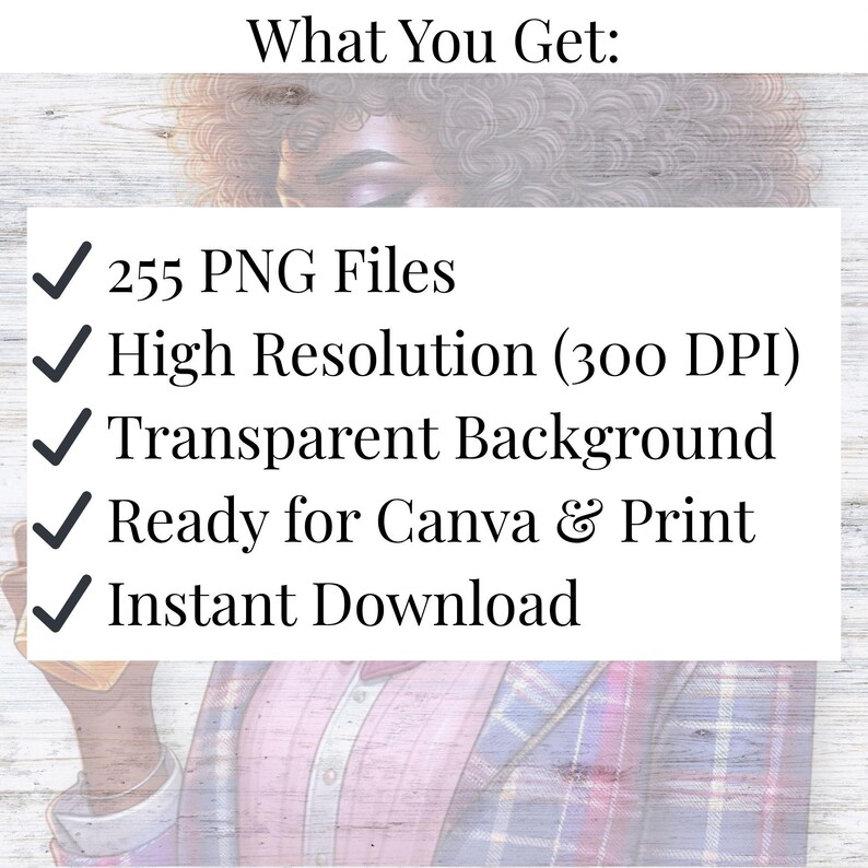 May include: White background with text: "What You Get:" followed by a list of features. The list includes "255 PNG Files", "High Resolution (300 DPI)", "Transparent Background", "Ready for Canva & Print", and "Instant Download".