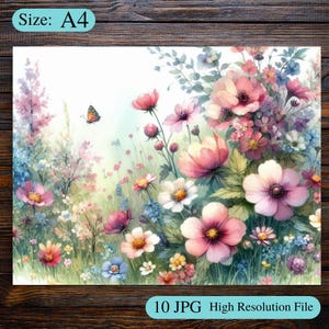 A4 Shabby Chic Spring Flowers Clip Art Bundle 10 Watercolour JPG Junk Journal Scrapbooking Digital Paper Prints Crafts Printables Download